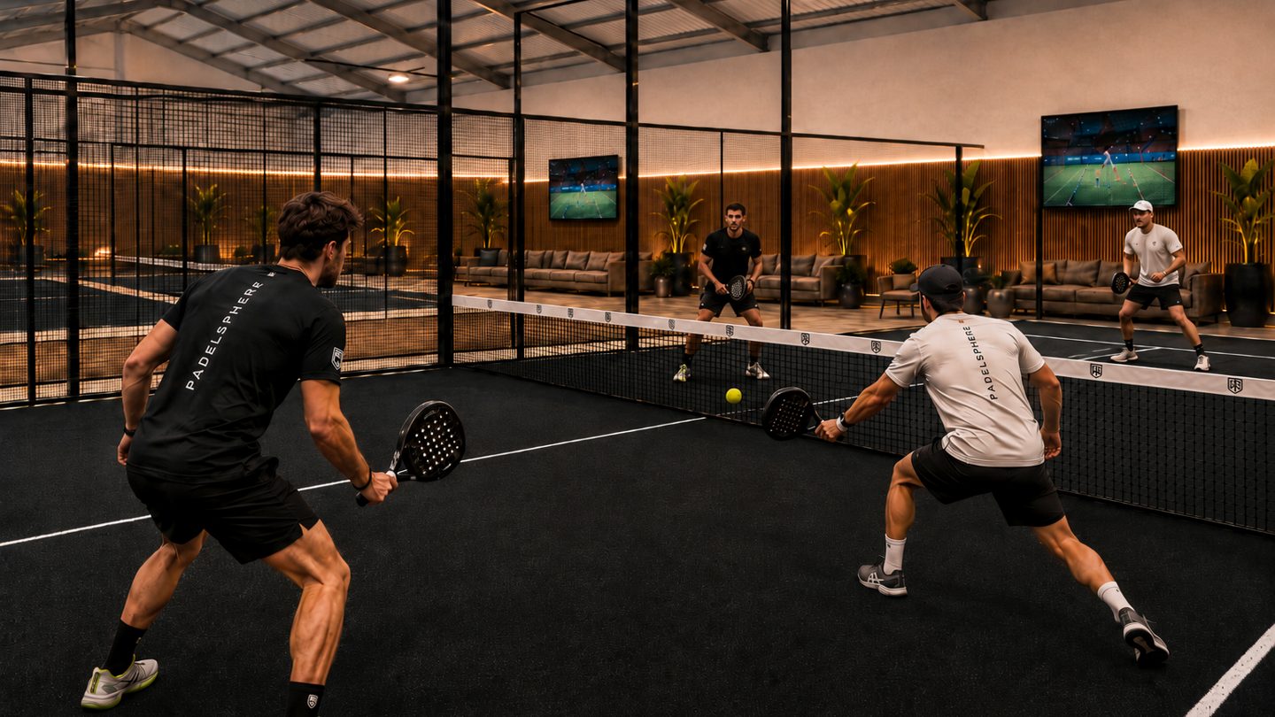 AI camera tracking a padel match on a Padelsphere doubles court