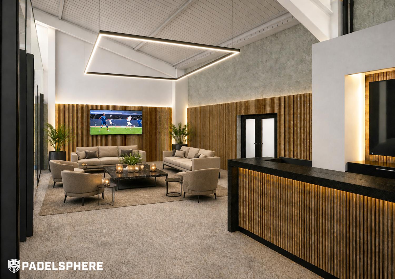 Padelsphere entrance lounge with sofas and a large screen showing live sport