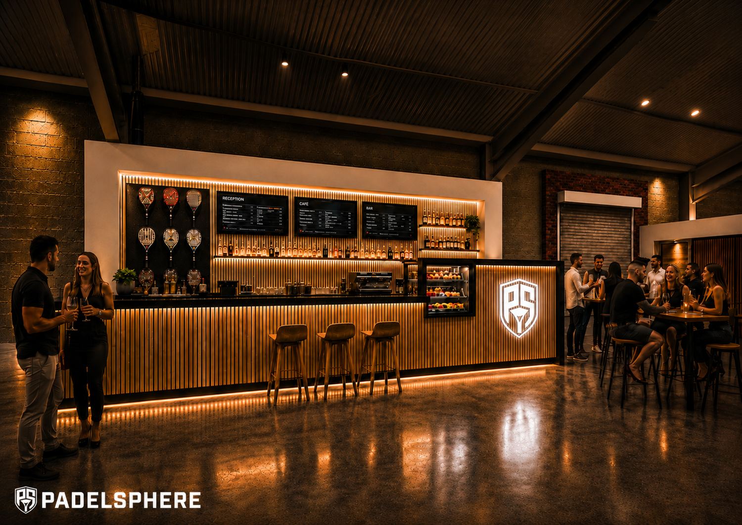 Padelsphere bar at night with warm lighting and live sport on the screens