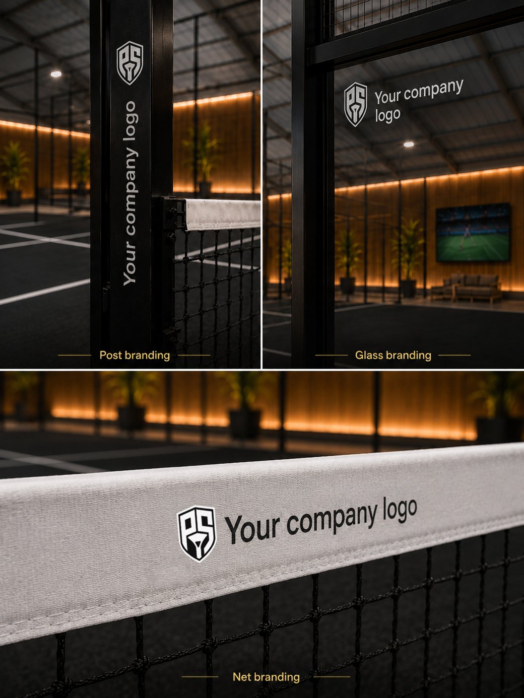 Sponsor branding on the padel court net, entrance post and glass at Padelsphere